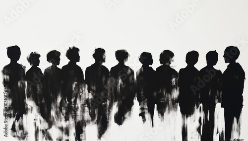 Black and white sketch of people standing side by side.