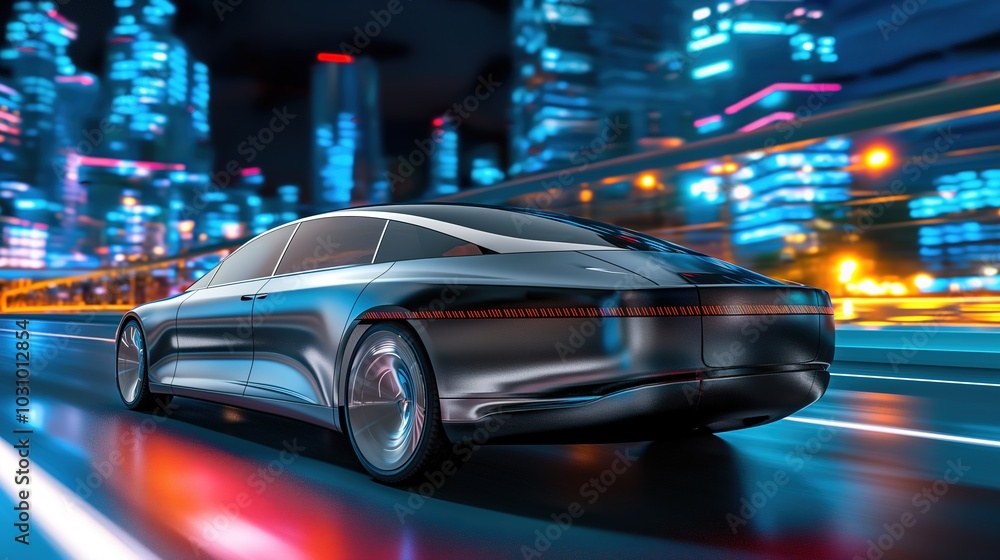 Autonomous Robotaxi navigating futuristic cityscape at night, neon lights reflecting off sleek surface, empty streets and towering buildings in the distance. Autonomous Robotaxi navigating futuristic cityscape at night, neon lights reflecting off sleek surface, empty streets and towering buildings in the distance.