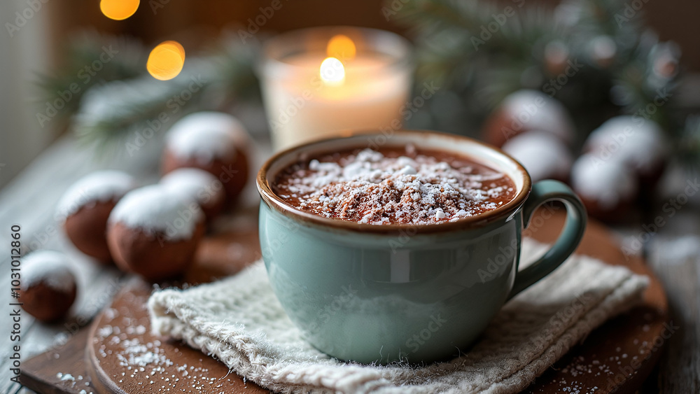 Delicious hot chocolate topped with marshmallows creating a festive vibe against a cozy setting Delicious hot chocolate topped with marshmallows creating a festive vibe against a cozy setting