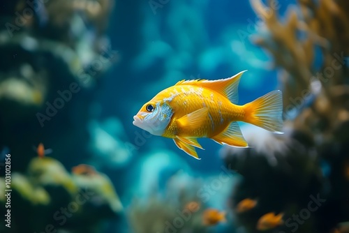 Vibrant Yellow Fish Swimming in Coral Reef 