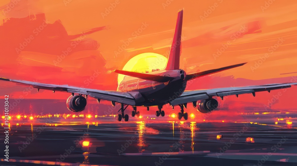 A large airplane landing on a runway at sunset, with a golden sun setting behind it. A large airplane landing on a runway at sunset, with a golden sun setting behind it.