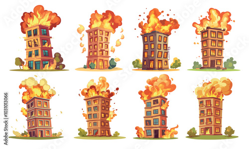 Burning buildings. Destruction house in flame, blaze from windows, danger city emergency, vector illustrations set