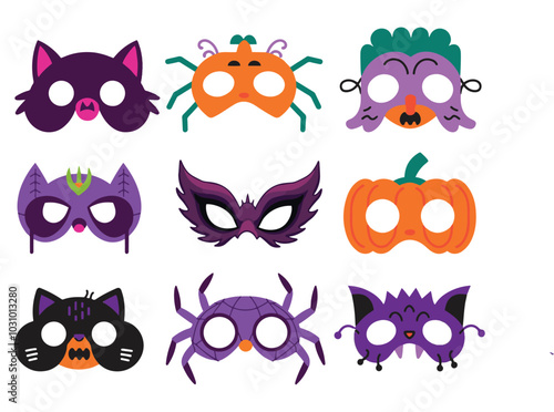 Halloween masks vector cartoon set, isolated on a white background. Fun and festive designs perfect for Halloween-themed projects and celebrations. Ideal for costume parties and spooky decorations.