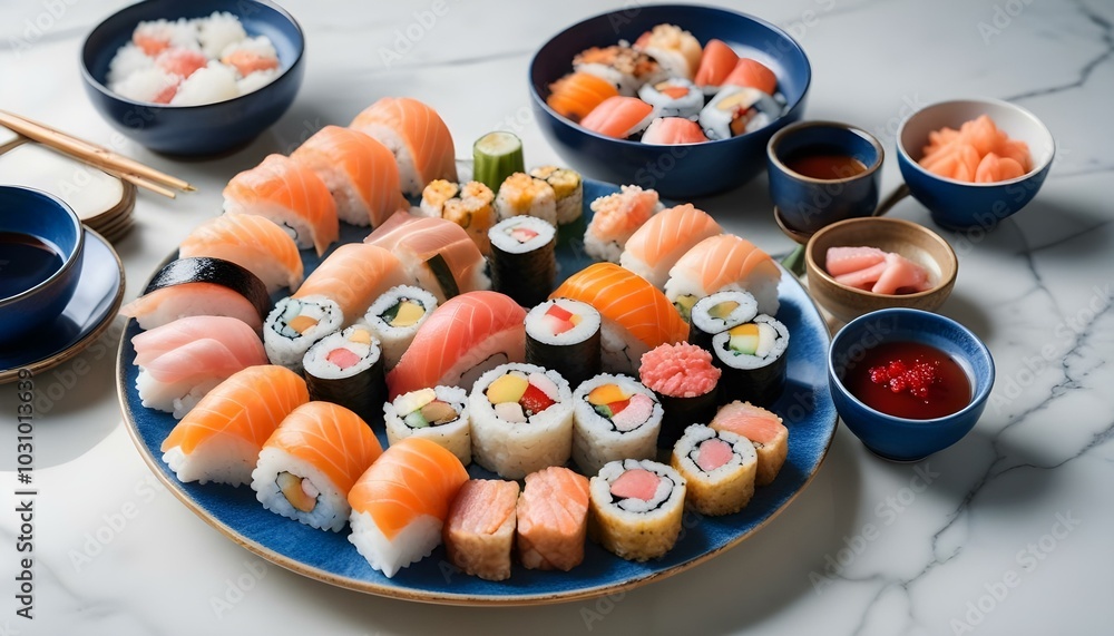 A plate filled with a variety of sushi rolls with a set of wooden chopsticks and bowl of soy sauce, placed on a simple kitchen table. A plate filled with a variety of sushi rolls with a set of wooden chopsticks and bowl of soy sauce, placed on a simple kitchen table.