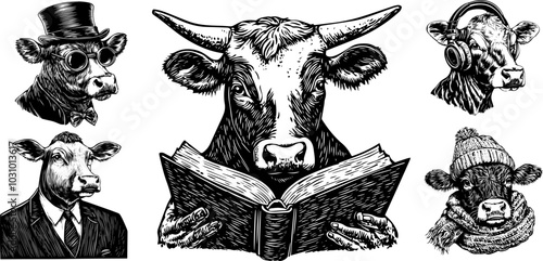 Vintage Illustration of a Cow Wearing a Tuxedo with Sunglasses and Headphones. Funny Cartoon Sketch Featuring a Person with a Book.