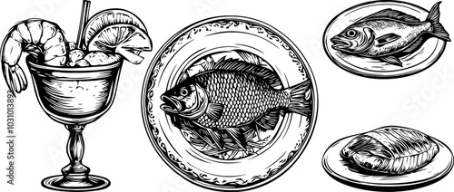 Vector illustration of shrimp cocktail and fish on a plate. Vintage sketch of steak and salmon fillet.