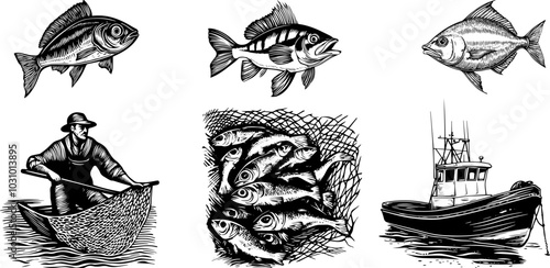 Vector illustration Set of a sailboat with a fisherman and full of fish net Perch, Carp Sketch.