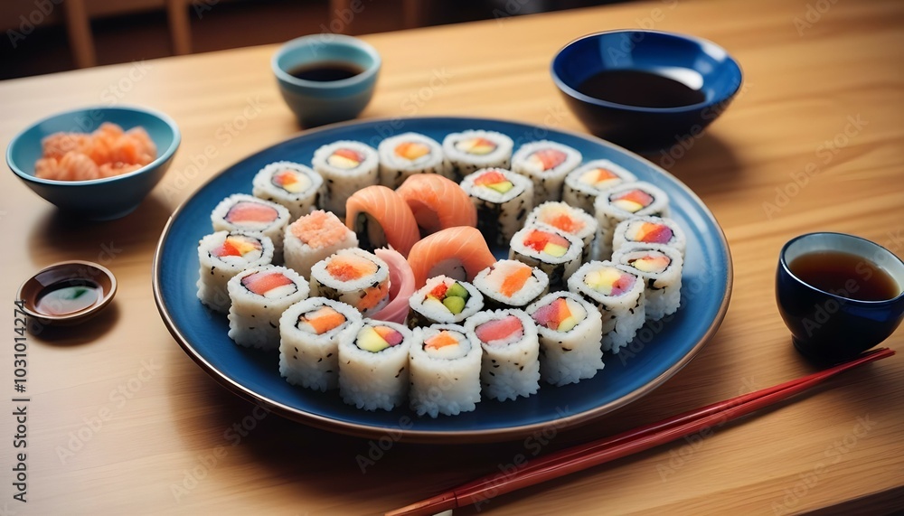 A plate filled with a variety of sushi rolls with a set of wooden chopsticks and bowl of soy sauce, placed on a simple kitchen table. A plate filled with a variety of sushi rolls with a set of wooden chopsticks and bowl of soy sauce, placed on a simple kitchen table.