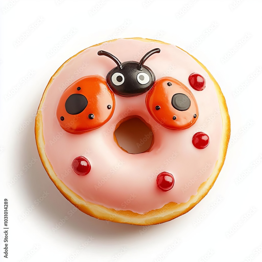 Obraz premium Single donut featuring a ladybug face, cherry flavor, kidfriendly, clean white background, bright and cute