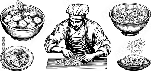 Vintage vector illustration of ravioli,risotto, pasta, and spaghetti on a plate. Sketch featuring Italian chef cooking.