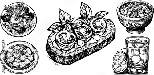Vector illustration set of minestrone soup and bruschetta, featuring limoncello and seafood on a plate.