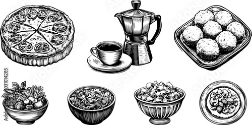 Vintage vector illustration of pasta and coffee, featuring Italian spaghetti on a plate. Sketch includes a menu design with food items like salad, meat, and cheese.