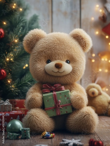 Adorable Christmas Teddy Bear Holding a Gift Box, Surrounded by Festive Decorations and Warm Holiday Lighting by the Christmas Tree, Ai Generation