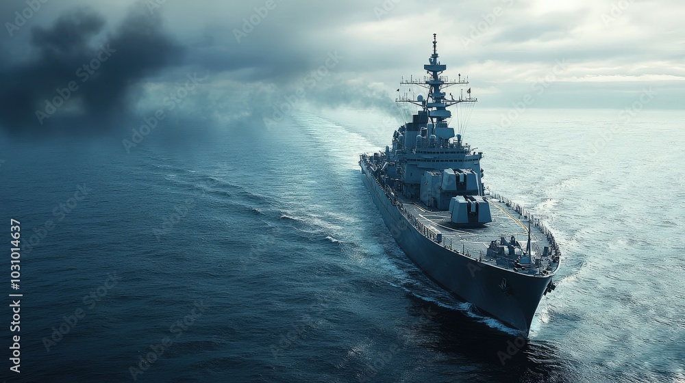 Guided Missile Cruiser USS Ticonderoga Class at Sea in Harbor Waters Guided Missile Cruiser USS Ticonderoga Class at Sea in Harbor Waters