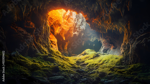 Fiery subterranean cavern with dramatic lighting casting shadows in a mystical landscape. Mossy Cave. Illustration
