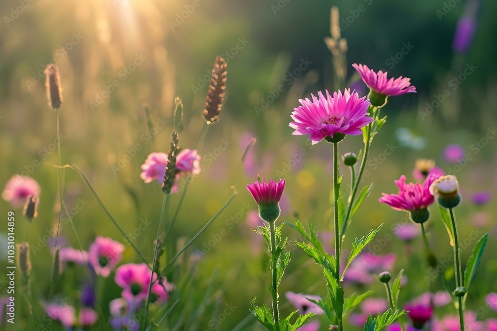 Obraz premium Wildflowers in sunlight on a summer meadow 