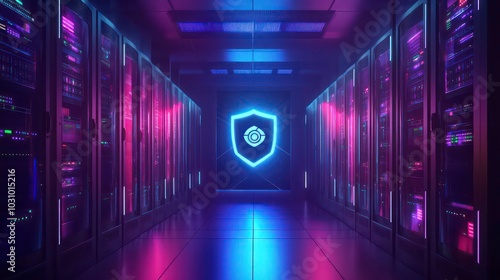 A futuristic server room with glowing blue and pink lights, a large shield icon symbolizing data security.