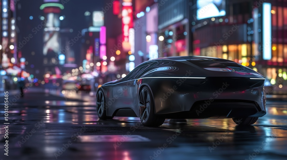 Autonomous Robotaxi navigating futuristic cityscape at night, neon lights reflecting off sleek surface, empty streets and towering buildings in the distance. Autonomous Robotaxi navigating futuristic cityscape at night, neon lights reflecting off sleek surface, empty streets and towering buildings in the distance.