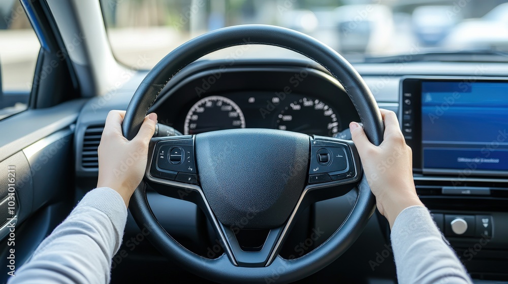 Hands Steering Wheel - Driving Concept with Car Dashboard on the Road Hands Steering Wheel - Driving Concept with Car Dashboard on the Road