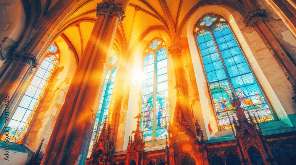 Sunlight Streaming Through Stained Glass Windows in an Ornate Church Interior Sunlight Streaming Through Stained Glass Windows in an Ornate Church Interior