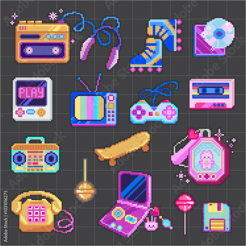 Pixel Art 8 Bit Objects, Retro Digital Game Icons Set. 90s arcade computer digital game assets. Cassette player, roller skates, game console, TV, boombox, skateboard. Vector illustration.