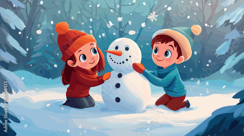 Cartoon children making snowman. Happy kids make snow man together in winter forest background, child joy fun snowy outside game boy girl in warm hat clothes vector illustration