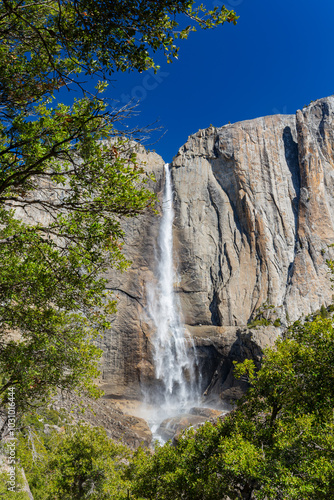 Sunny view of the Upper Yosemite Falls in Yosemite National Park
