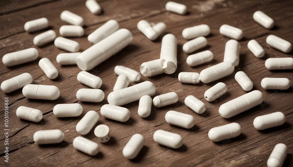 White medicine capsules on old wooden table. White medicine capsules on old wooden table.