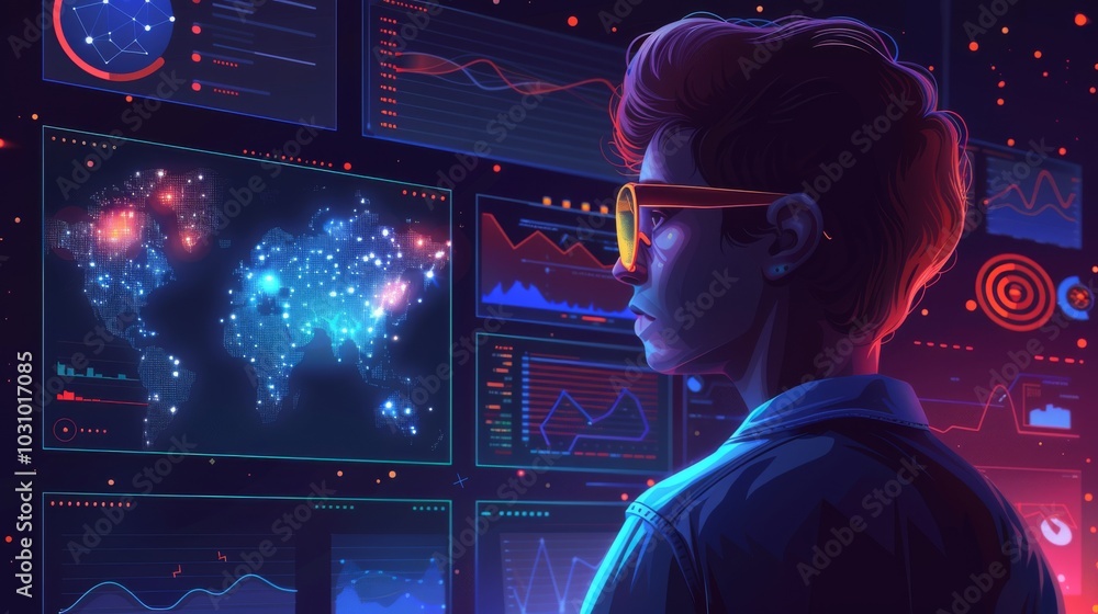 Naklejka premium AI developer working on data models, surrounded by data visualizations