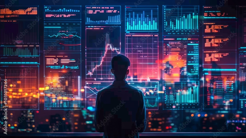 AI developer working on data models, surrounded by data visualizations AI developer working on data models, surrounded by data visualizations