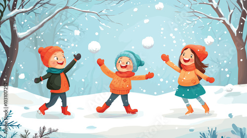 Cartoon children playing snowballs. Kids fun play in snow balls, winter outside child game entertainment smiling boy and girl in hat snowy fight throwing ball vector illustration