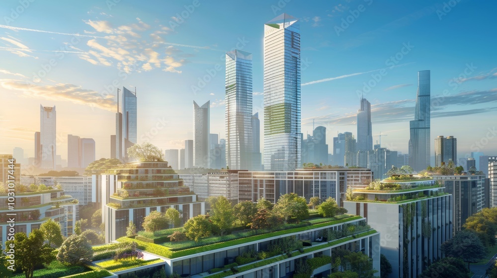 Fototapeta premium Urban Oasis Panoramic Cityscape with Sustainable Architecture and Lush Green Rooftops