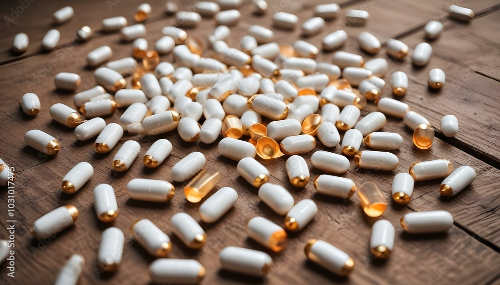 White medicine capsules on old wooden table. White medicine capsules on old wooden table.