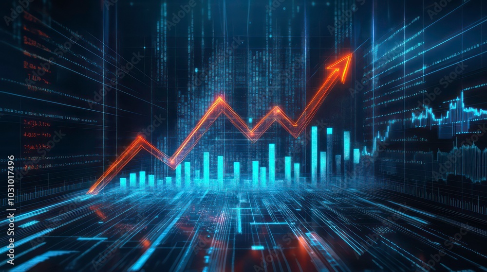 Naklejka premium A digital rendering of an upward trending arrow with blue and orange bar graphs on a digital display.