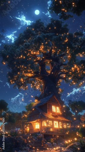 Wallpaper Mural Serene Night Scene Featuring a Towering Tree Under a Starry Sky for Relaxation and Meditation Torontodigital.ca