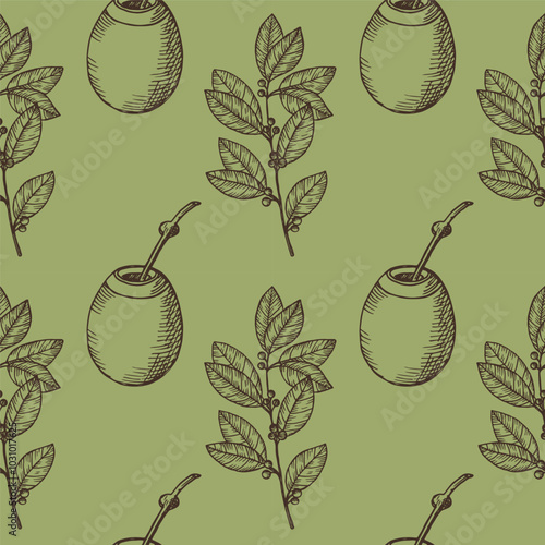 Vector engraved seamless pattern with Yerba Mate and Pumpkin Calabash. Hand drawn repeating background with mate branch, tea leaves. For label, card, wrapping, paper. Food, medical plant, hot drink