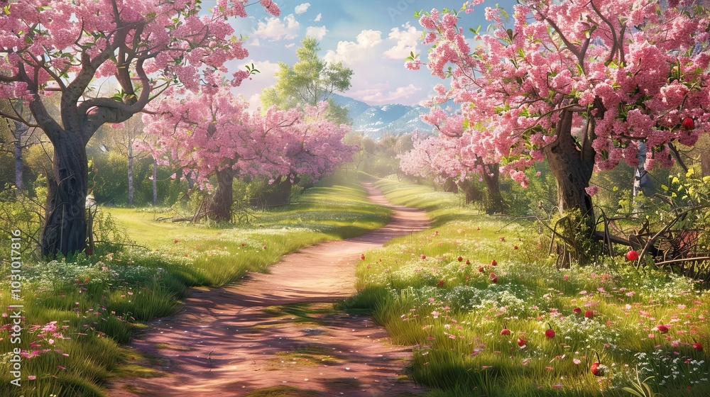 Blossoming Beauty A Tranquil Pathway Through a Vibrant Apple Orchard Embrace the Renewal of Spring in this Serene Stock Image