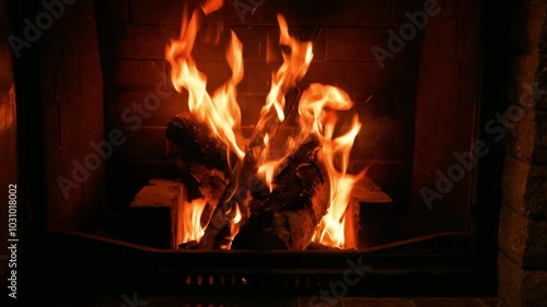 Home cozy fireplace with red flame and birch firewood. 4K video relaxing endless footage 