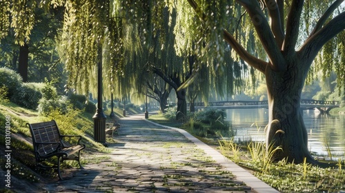 Tranquil Urban Retreat Serene River Path with Weeping Willows and Inviting Benches