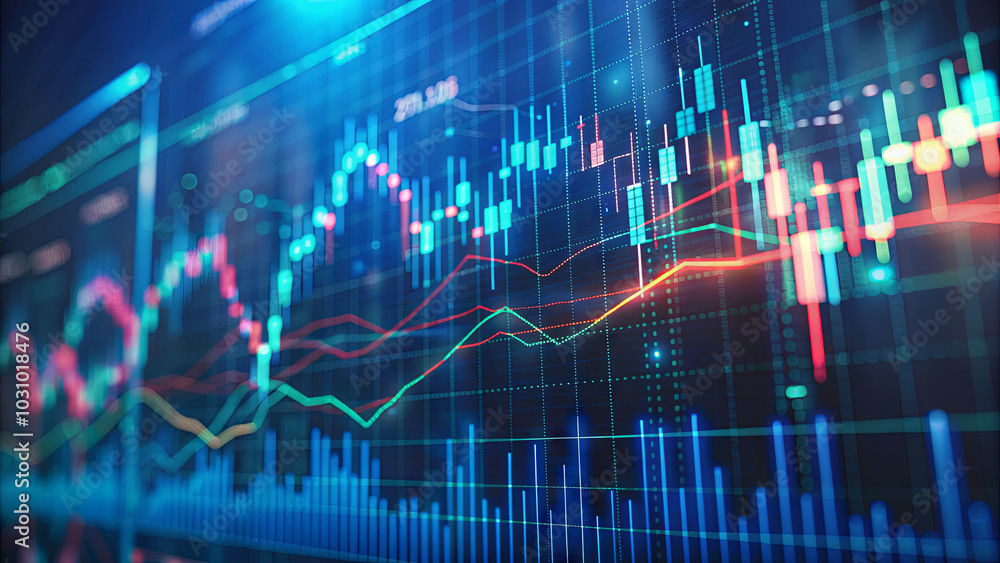 A digital trading screen showcases vibrant graphs and charts representing market trends and stock performance. The setup is typical for financial analysts during active trading hours A digital trading screen showcases vibrant graphs and charts representing market trends and stock performance. The setup is typical for financial analysts during active trading hours