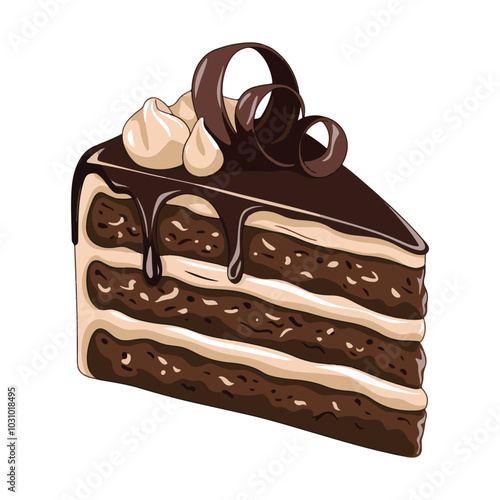 Hand drawn sketch of a layered chocolate cake with icing and shavings.