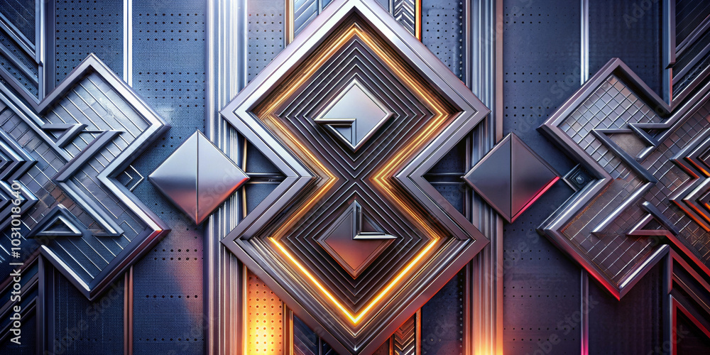 Obraz premium Geometric shapes are arranged in a symmetrical pattern,with a metallic surface and bright orange and blue lighting.Design creates a sense of depth and movement through the use of lines and shapes.AI 