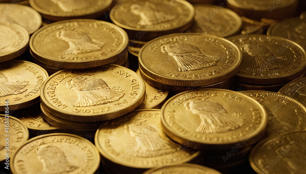 Numerous gold coins are spread out across a surface, glinting in the light. The coins exhibit detailed engravings and varying sizes, creating an eye-catching display Numerous gold coins are spread out across a surface, glinting in the light. The coins exhibit detailed engravings and varying sizes, creating an eye-catching display