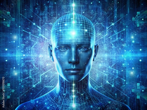 Vintage Style AI Head with Glowing Blue Binary Code and Computer Data