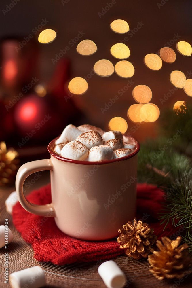 Cocoa with marshmallows in a Christmas cup. Cocoa with marshmallows in a Christmas cup. Hot chocolate with marshmallows Cocoa with marshmallows in a Christmas cup. Cocoa with marshmallows in a Christmas cup. Hot chocolate with marshmallows