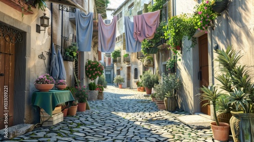 Mediterranean Charm Quaint Cobblestone Alleyway with Hanging Laundry and Potted Plants