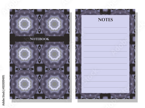 Notebook cover and notepad design template with repeating seamless kaleidoscope abstract pattern. Muted grey and purple color. Traditional textile-inspired style. Visually striking and bold. 