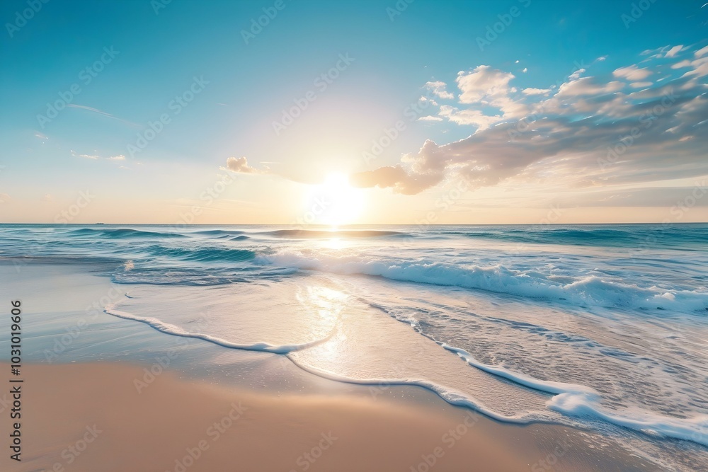 Sunny beach with gentle waves at sunrise
Sunny beach with gentle waves at sunrise