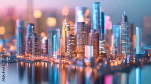 A miniature cityscape with tall buildings illuminated by colorful lights, reflecting on a body of water.