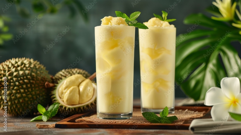 Exotic Durian Smoothies A Tropical Delight in Tall Glasses with Fresh Mint Garnish Exotic Durian Smoothies A Tropical Delight in Tall Glasses with Fresh Mint Garnish
